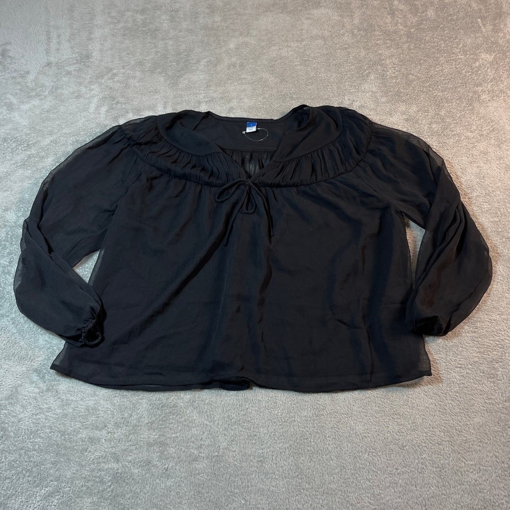 Old Navy Chiffon Tie Blouse Women's Large Black Flowy Long Sleeve Top Barn Mom